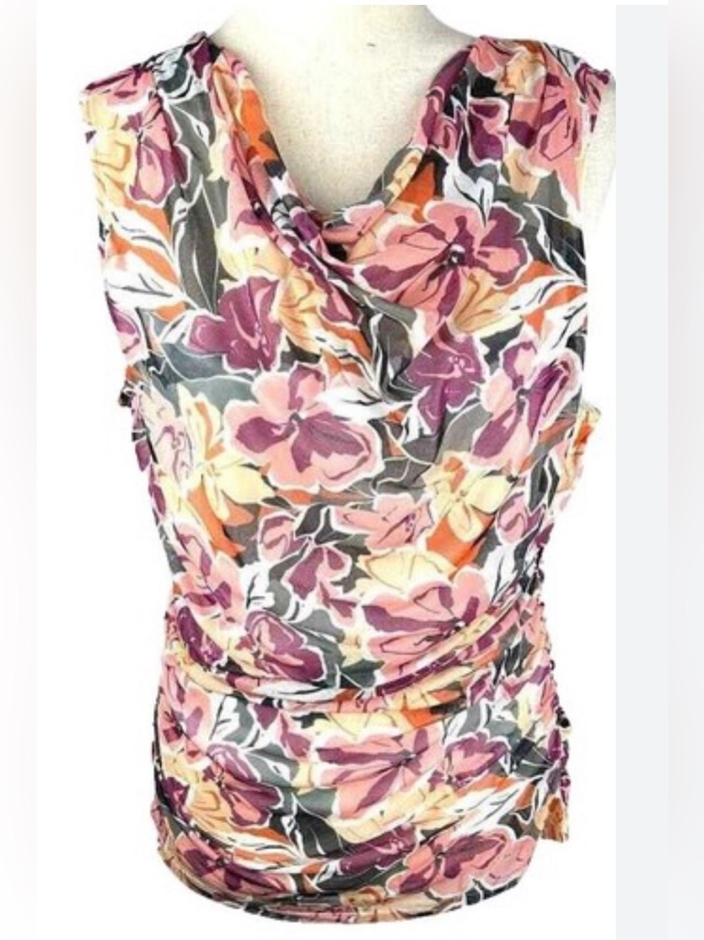 Cable & Gauge Floral Cowl Neck Sleeveless Top in Pink, Peach & Gray